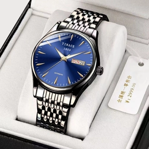 Business men's automatic mechanical watch with blue dial and date display on metal strap