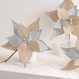 Linen Christmas flower decoration with sequins in gold and silver for holiday wreaths