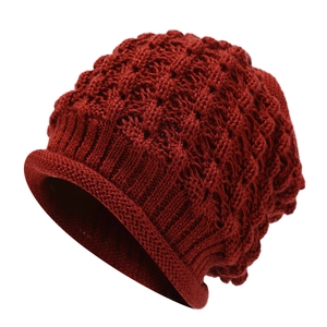 Deep red chunky knit winter hat with brim, warm outdoor skull cap for men and women