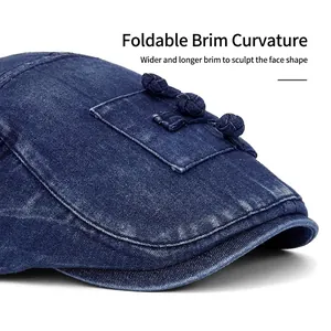Béret en denim délavé bleu foncé avec boutons rétro chinois et bord pliable flexible
