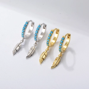 S925 sterling silver feather drop hoop earrings with turquoise beads in gold and silver