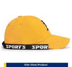 Side view of orange baseball cap with black SPORTS embroidery and ribbon decoration