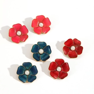 Retro stainless steel flower stud earrings with colorful petals and pearl center for women