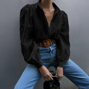 Women's black hollow embroidery cardigan blouse with puffy lantern sleeves and casual fit