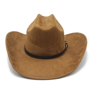 Close-up of brown suede western cowboy hat with black leather strap and gold buckle