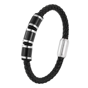 Men Braided Leather Bracelet With Stainless Steel Beads And Magnetic Clasp Fashion Punk Jewelry