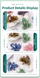 Detailed view of handmade resin frog statues with natural crystal stone and gold foil flakes