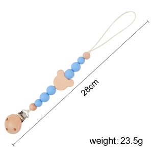 Baby pacifier clip with wooden bear bead and blue silicone beads, 28cm total length