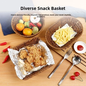 Three assorted shapes of woven imitation rattan snack baskets on a wooden table