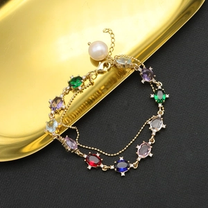 Freshwater Pearl Multicolored Gemstone Bracelet 18K Gold Plated Double Layer Vintage Jewelry For Women