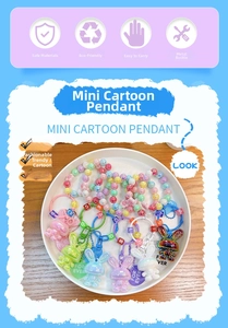 Detail of colorful acrylic bunny charms with letter bead chains and metal keyrings