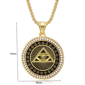 Detailed view of God's Eye pendant with G symbols and micro-set cubic zirconia