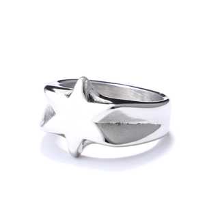 Polished silver stainless steel star ring with minimalist industrial design on white background
