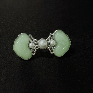 Elegant New Chinese style Ruyi brooch with light green jade-like resin and white pearls
