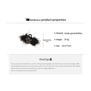 Détails de la pince à cheveux avec plumes d'oie noires, fleur en cristal et taille 13cm