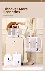 Set of mesh travel organizers and packing cubes shown in a stylish luggage scene