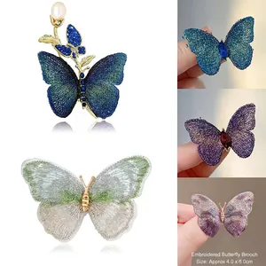Embroidered Butterfly Brooch Alloy Metal Rhinestone Artificial Pearl Vintage Elegant Lapel Pin For Women Clothing Accessories