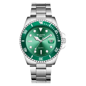 Orologio da uomo al quarzo con bracciale in acciaio argento, lancette e quadrante verde