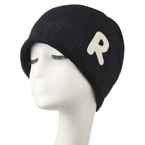 Knitted black beanie with white R letter embroidery and stylish rolled edge detail