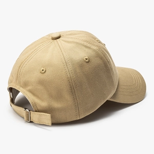 Classic khaki six-panel cotton baseball cap with adjustable metal buckle at the back