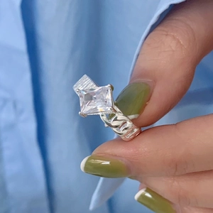 925 Sterling Silver Ring Rectangular Cubic Zirconia Minimalist Chain Link Adjustable Band Fashion Jewelry For Women