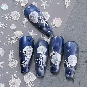 Macro detail of 5D white embossed jellyfish nail stickers with laser iridescent effect