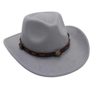 Detail of grey felt cowboy hat with brown leather belt and vintage metal studs