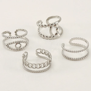 Set of four silver stainless steel adjustable rings in Cuban link and beaded styles