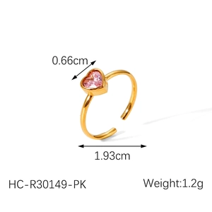 Detail showing 0.66cm pink heart stone on 18k gold plated stainless steel ring