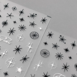 Ultradünne 5D Nagelkunst-Aufkleber mit schwarzen und silbernen Sternen und Kreuzlicht-Designs