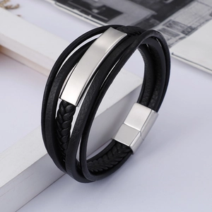 Men Multilayer Braided Leather Bracelet With Stainless Steel Magnetic Clasp Punk Geometric Fashion Jewelry Accessory