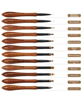 Détail de 12 pinceaux à ongles pro avec manche en noyer pour peinture et dégradés