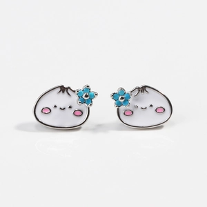Cute cartoon steamed bun stud earrings with white enamel and blue flower detail