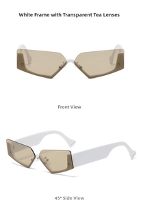 Front and 45-degree side view of vintage white frame sunglasses with tea lenses