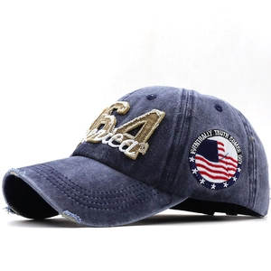 Vintage navy blue washed denim baseball cap with 64 embroidery and US flag patch