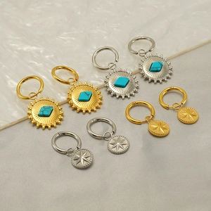 Orecchini A Cerchio In Acciaio Inossidabile Con Ciondoli Turchese Sole E Stella Placcato Oro 18K Gioielli Boho Vintage Donna