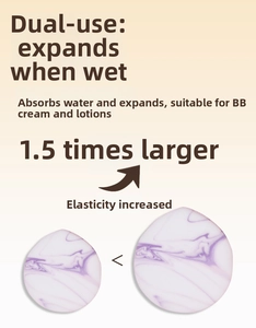 Mini marble makeup sponge showing 1.5x expansion size comparison in wet and dry conditions