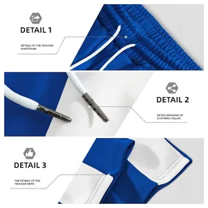 Men's blue and white patchwork sports shorts with elastic waist and drawstring details