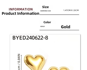 Detailed size specifications of heart-shaped gold earrings measuring 1.47cm by 1.33cm