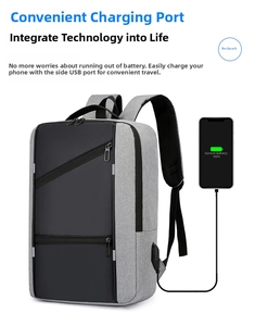 Close-up of business laptop backpack with external USB charging port and connected cable