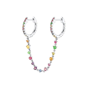 Detailed view of rainbow gemstones on S925 silver double hoop earrings with chain link