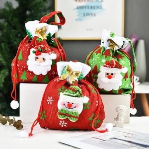 Three-piece Christmas drawstring gift bags with 3D Santa and Snowman doll decorations
