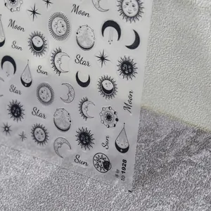 Japanese style black and white sun moon star nail art stickers with 5D embossed patterns