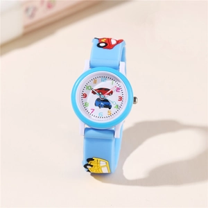 Blue kids quartz watch featuring 3D cartoon car strap and colorful numeric dial