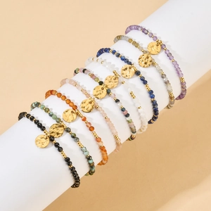Natural Stone Beaded Bracelet With Hammered Gold Coin Pendant Stainless Steel Adjustable Boho Ethnic Jewelry For Women