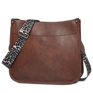Brown leather crossbody bag with a leopard print wide shoulder strap and gold hardware