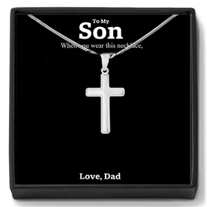 Silver cross necklace for son in a black gift box with an inspirational message card