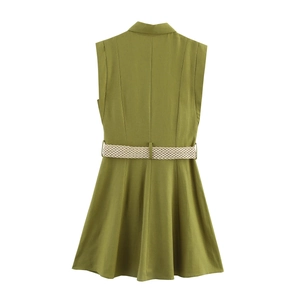 Women's sleeveless olive green A-line dress with lapel collar and woven waist belt
