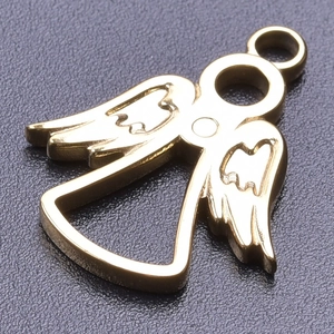 Macro shot of gold angel pendant featuring hollow lines and detailed feather texture