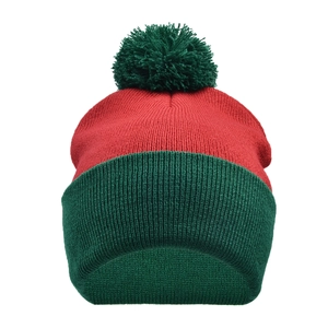 Christmas knit beanie in red and green with pompom and wide ribbed cuff design
